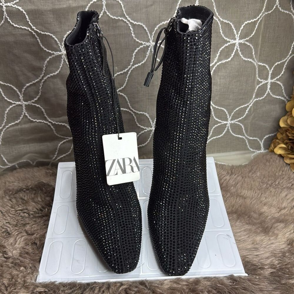 (W2) ZARA Women's Black Rhinestone Heeled Ankle Boots Size 37/6.5US - Picture 4 of 12